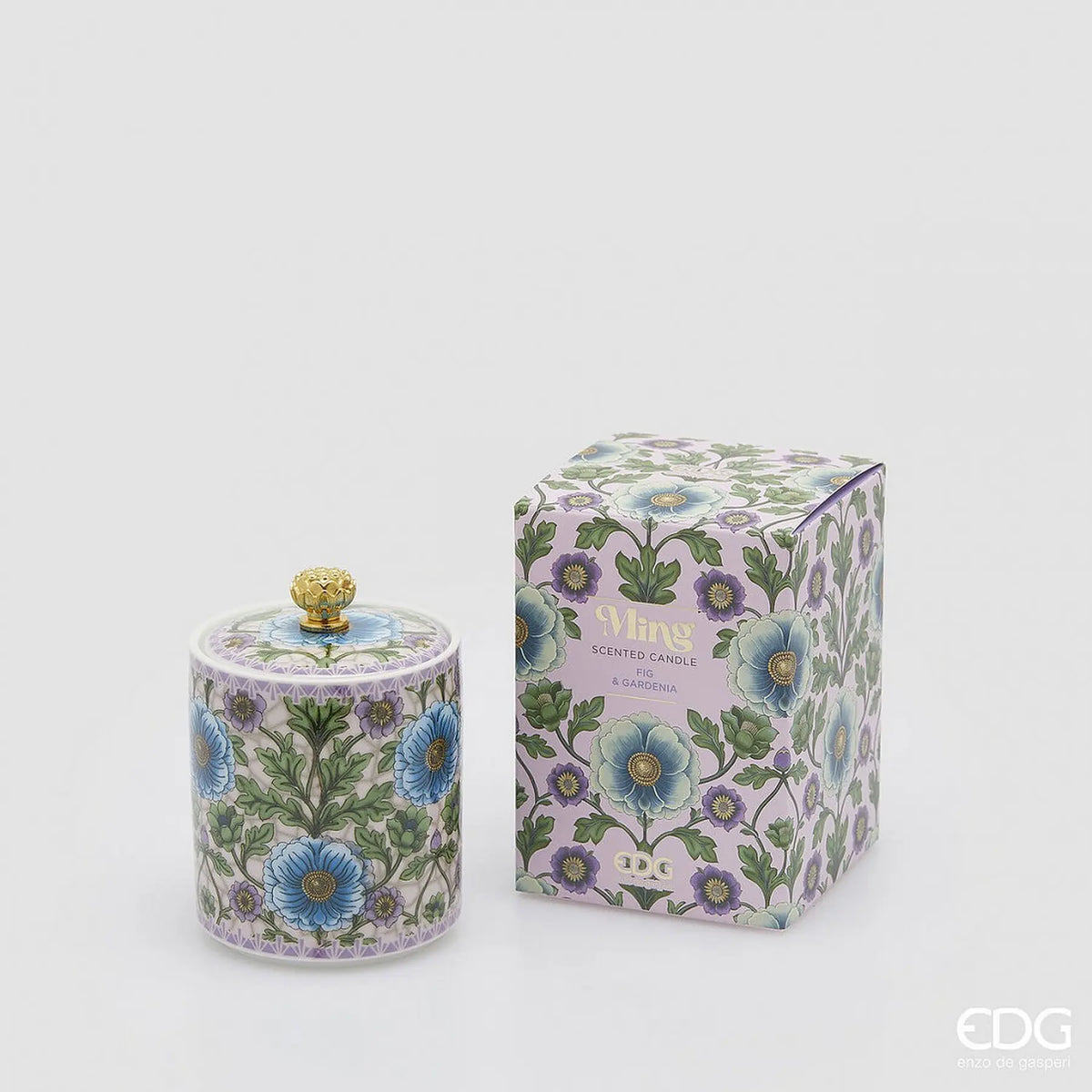 EDG Ming duftlys Fig & Gardenia fra Enzo De Gasperi med dekorativ blomsterkrukke og gaveeske