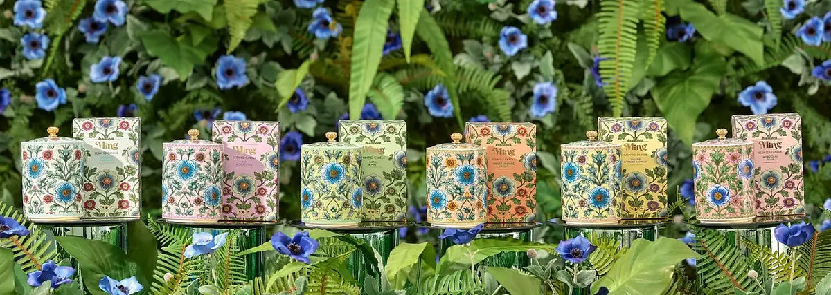 EDG Ming Collection fra Enzo De Gasperi med dekorative duftlys og gaveesker i ulike farger og dufter