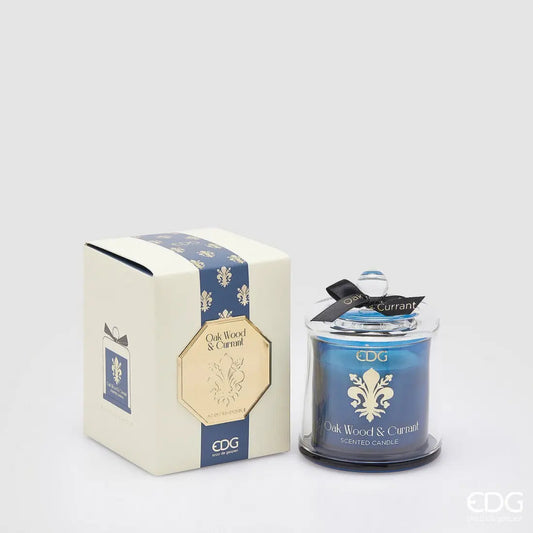 Blått EDG Gold Lily duftlys Oak Wood & Blackcurrant 140 g med glasskuppel